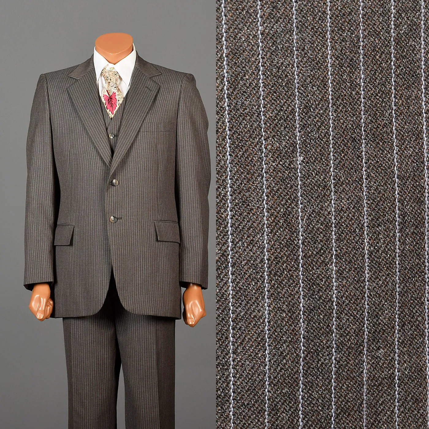 1970s Mens Three Piece Suit in Brown Pinstripe