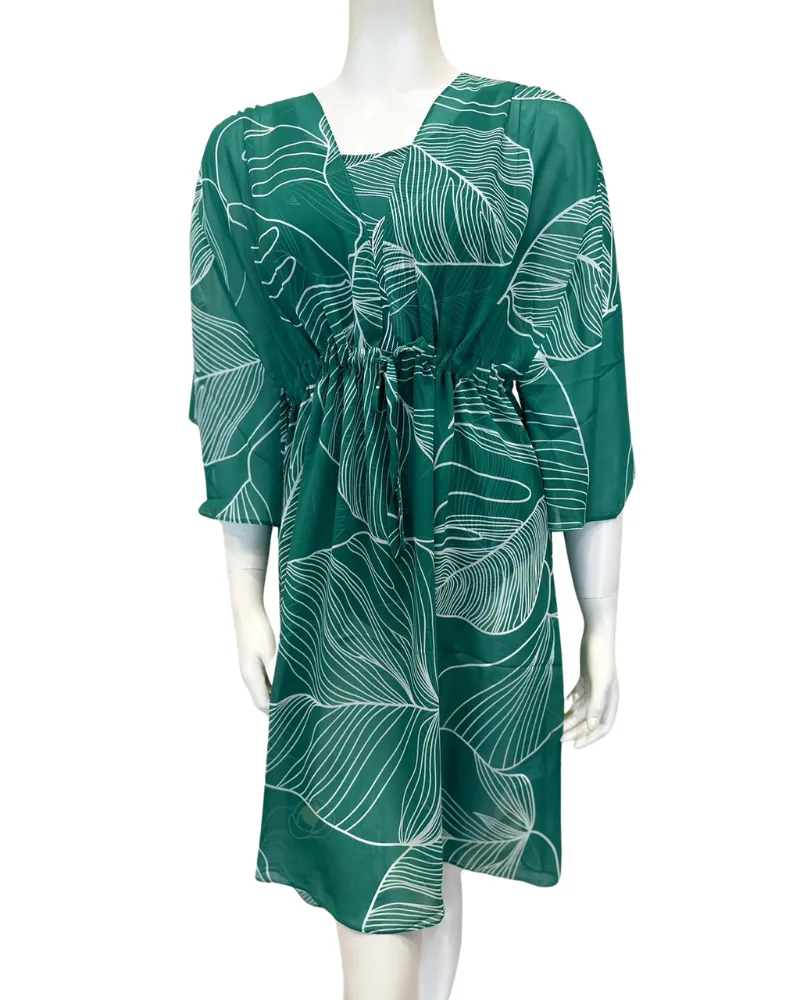 24NE611 Green/White Natural Essence V Neck Swim Kimono Cover Up