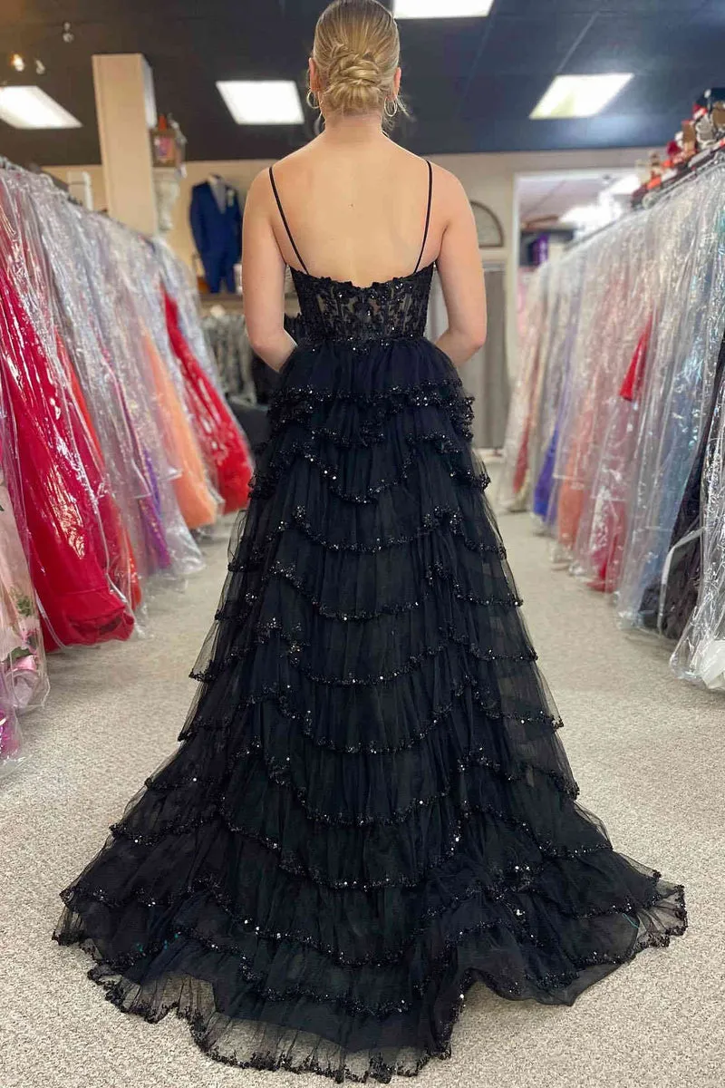 A Line Black Long Tiered Prom Dresses Sequined Layered Straps