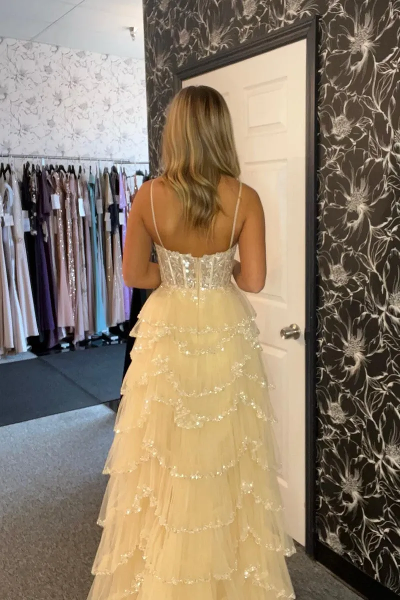A Line Black Long Tiered Prom Dresses Sequined Layered Straps