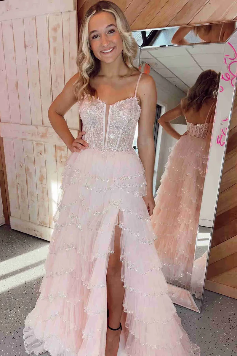 A Line Black Long Tiered Prom Dresses Sequined Layered Straps