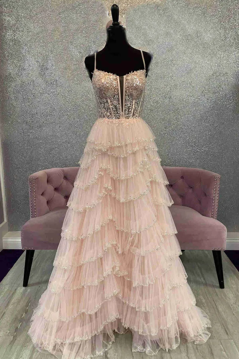 A Line Black Long Tiered Prom Dresses Sequined Layered Straps