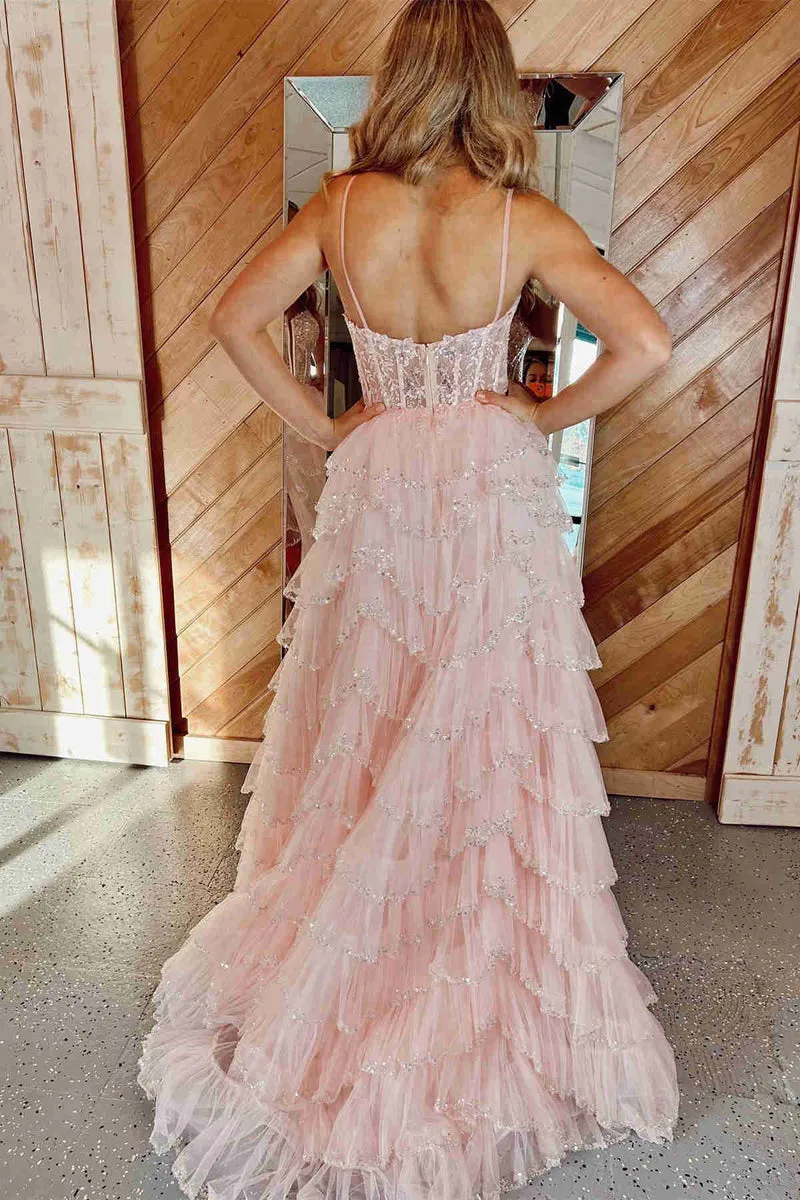 A Line Black Long Tiered Prom Dresses Sequined Layered Straps