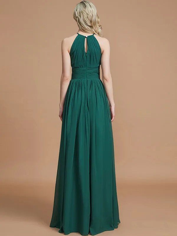 A-Line Chiffon Scoop Sleeveless Floor-Length Bridesmaid Dresses