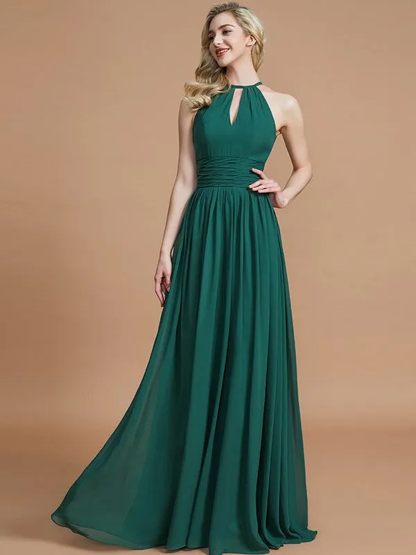 A-Line Chiffon Scoop Sleeveless Floor-Length Bridesmaid Dresses