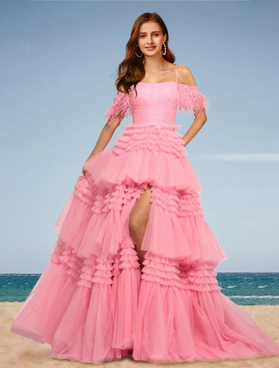 A-Line Prom Dresses Tiered Dress Wedding Party Court Train Sleeveless Off Shoulder Tulle with Slit