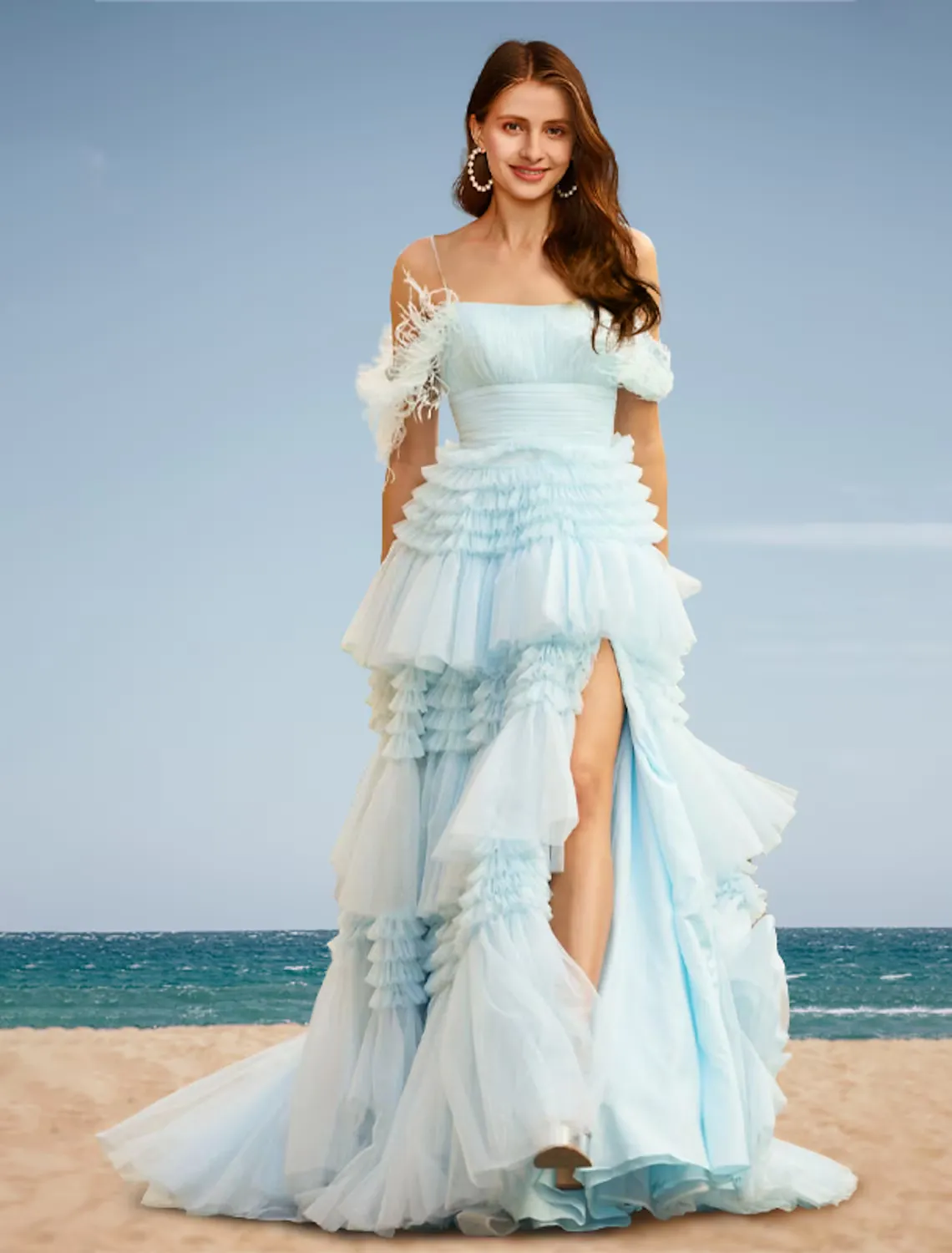 A-Line Prom Dresses Tiered Dress Wedding Party Court Train Sleeveless Off Shoulder Tulle with Slit