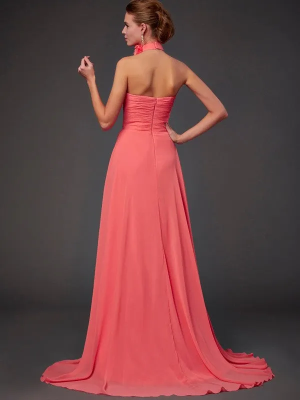 A-Line/Princess Halter Sleeveless Hand-Made Flower Long Chiffon Bridesmaid Dresses