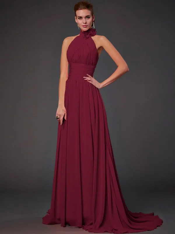 A-Line/Princess Halter Sleeveless Hand-Made Flower Long Chiffon Bridesmaid Dresses