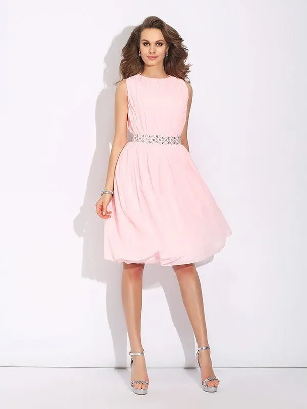 A-Line/Princess Jewel Ruffles Sleeveless Short Chiffon Dresses