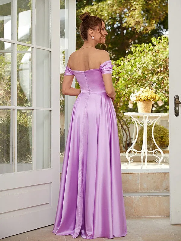 A-Line/Princess NS  Woven Satin Ruched Off-the-Shoulder Sleeveless Floor-Length Dresses