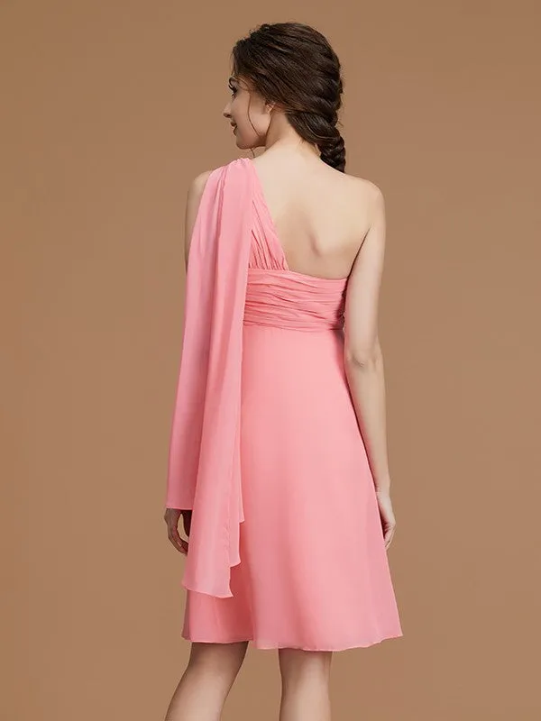 A-Line/Princess One-Shoulder Sleeveless Short/Mini Ruched Chiffon Bridesmaid Dresses