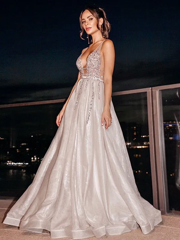A-Line/Princess Organza V-neck Sleeveless Beading Sweep/Brush Train Dresses