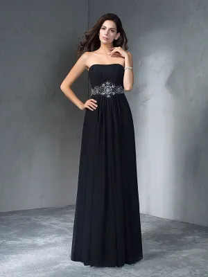 A-Line/Princess Strapless Beading Sleeveless Long Chiffon Dresses
