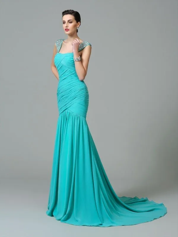 A-Line/Princess Straps Ruched Sleeveless Long Chiffon Dresses