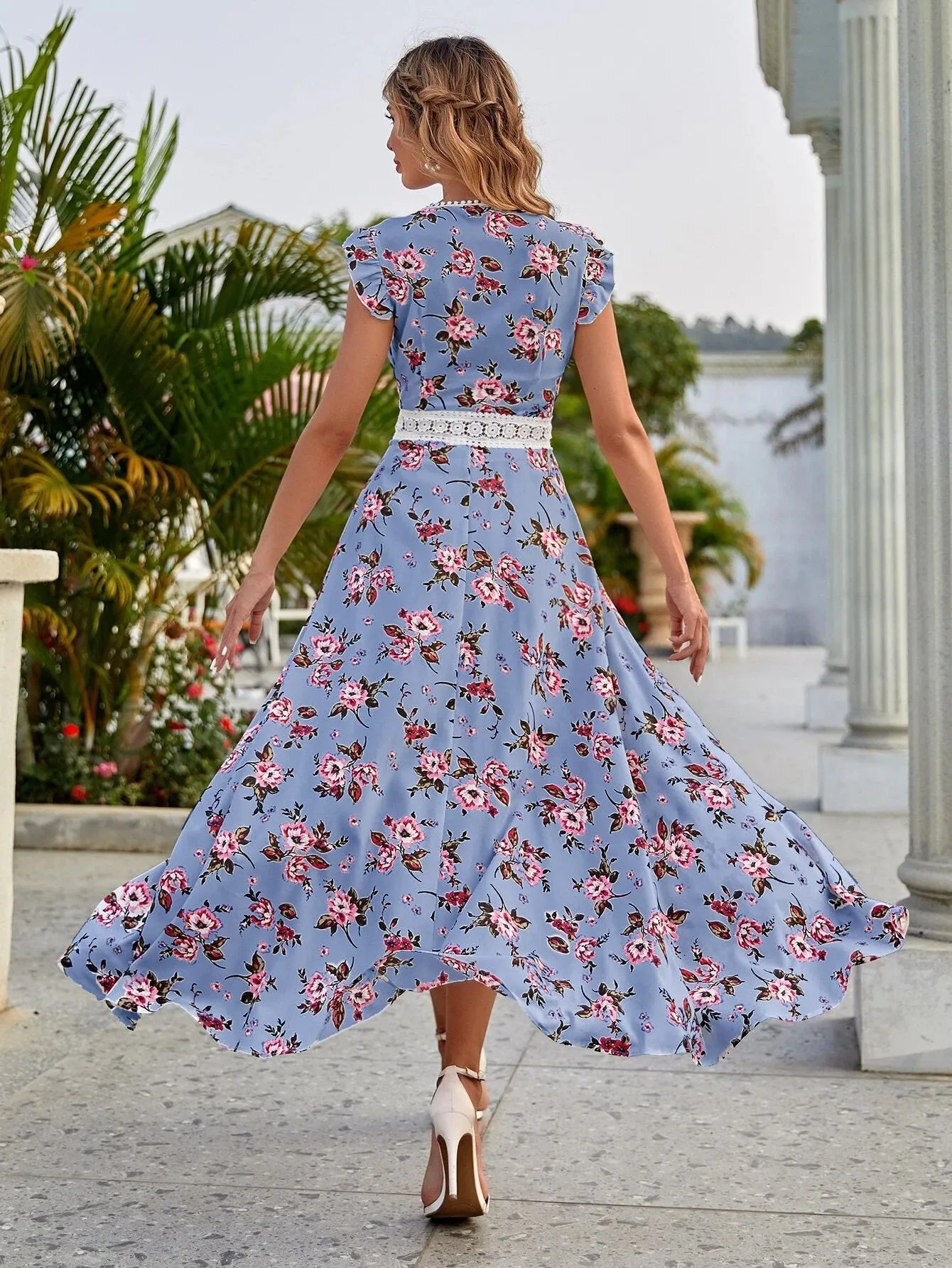All Over Print High Low Cap Sleeve V Neck Asymmetrical High Waist Long Dress