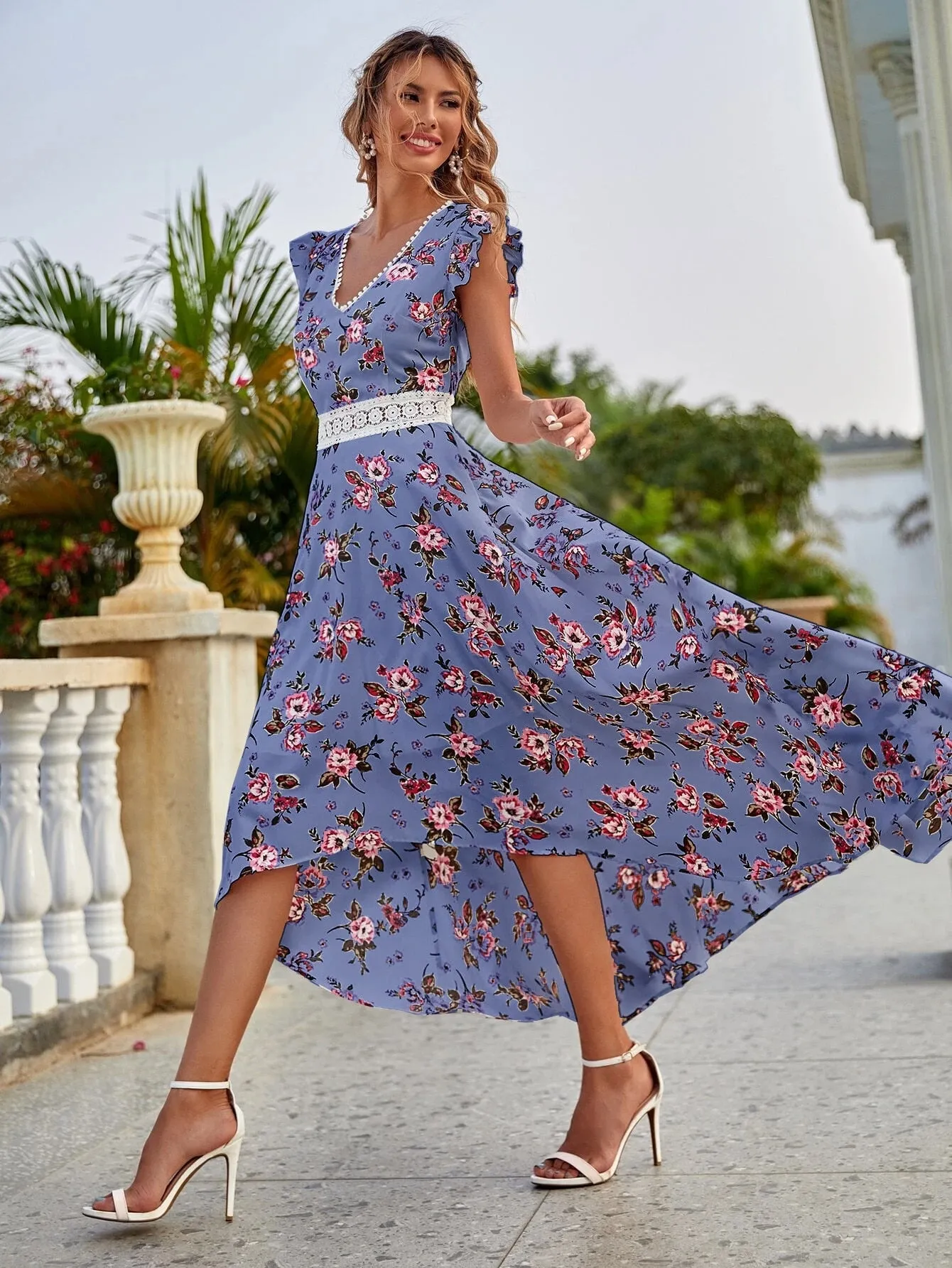All Over Print High Low Cap Sleeve V Neck Asymmetrical High Waist Long Dress