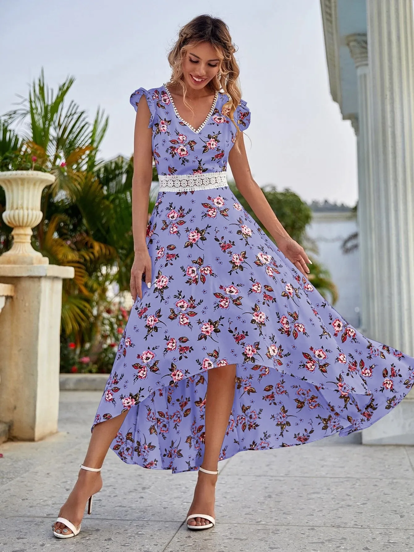 All Over Print High Low Cap Sleeve V Neck Asymmetrical High Waist Long Dress