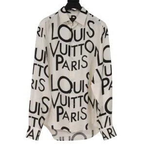 All Over Print Logo Button Down Shirt White Black Silk