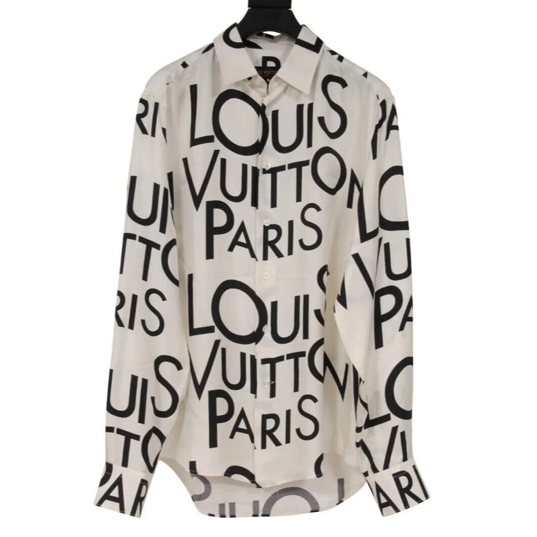 All Over Print Logo Button Down Shirt White Black Silk