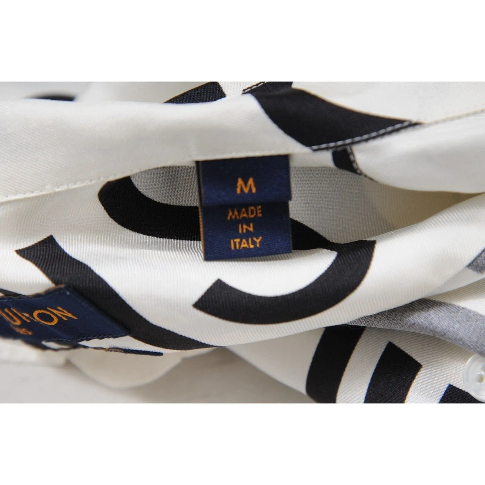 All Over Print Logo Button Down Shirt White Black Silk