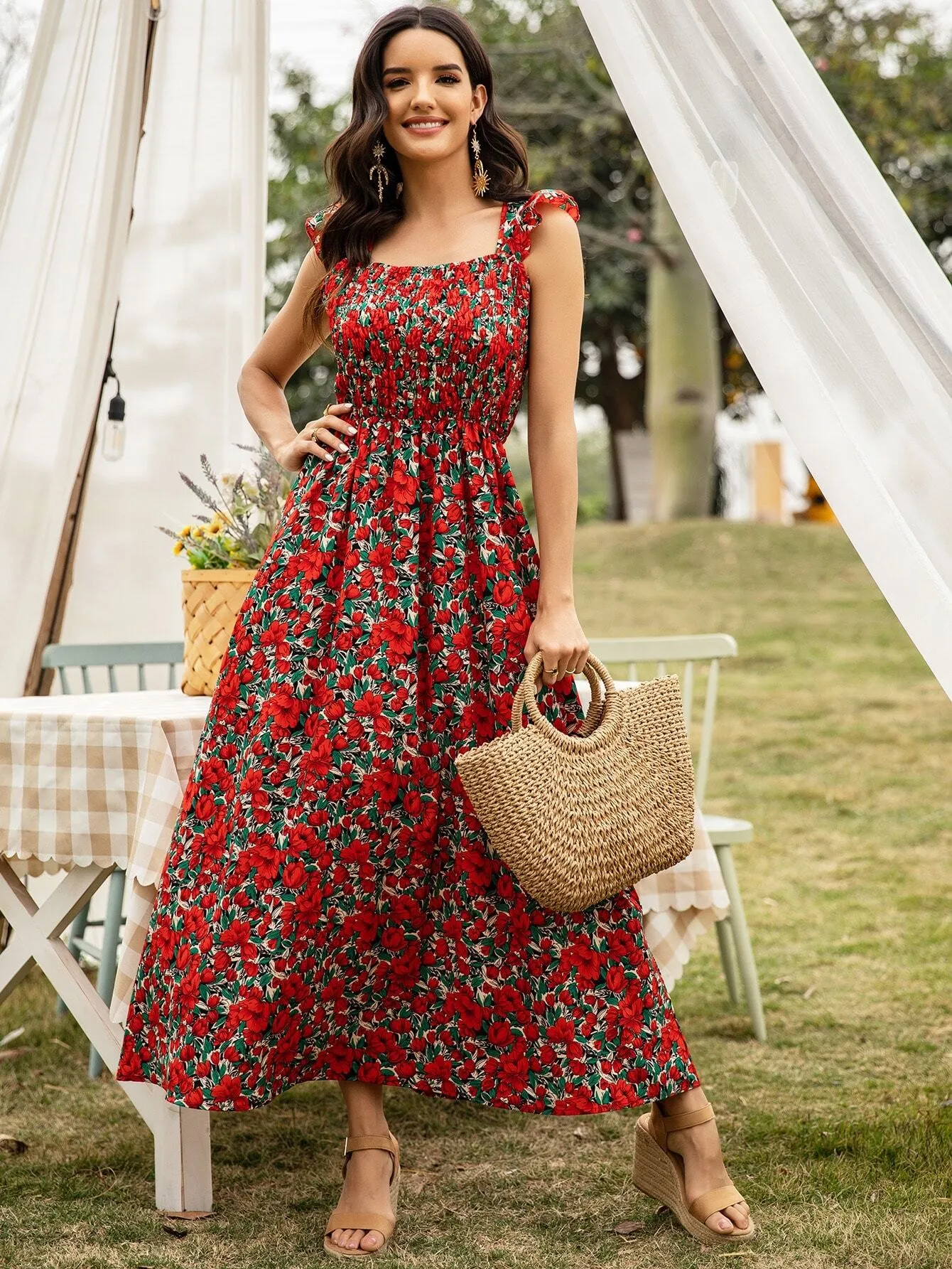 All Over Print Shirred Cap Sleeve Square Neck Flared High Waist Maxi Dress