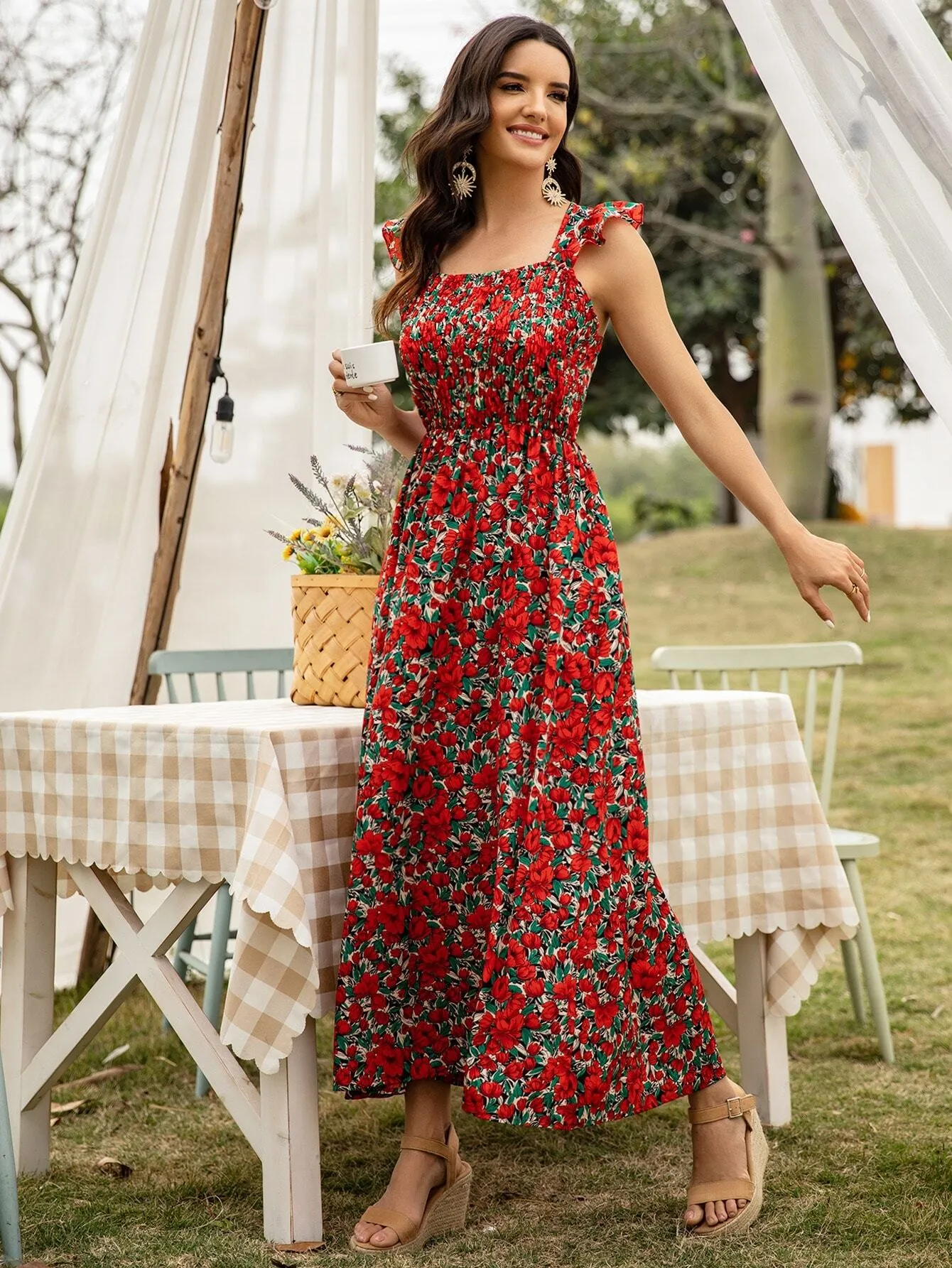 All Over Print Shirred Cap Sleeve Square Neck Flared High Waist Maxi Dress