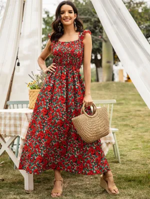 All Over Print Shirred Cap Sleeve Square Neck Flared High Waist Maxi Dress