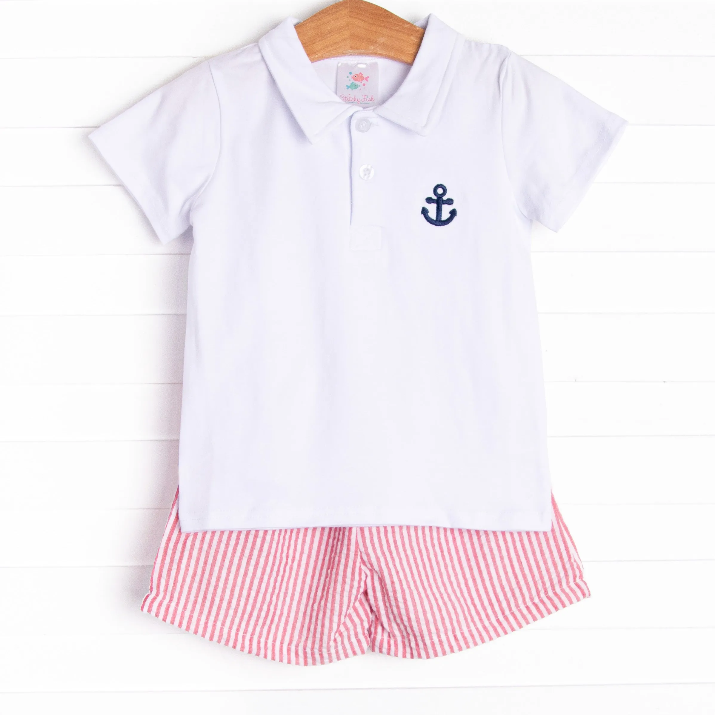 Anchored Ashore Applique Short Set, Red