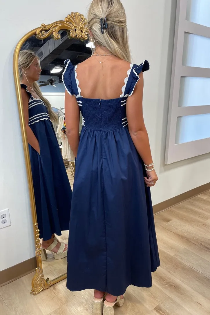 Annabel Ric Rac Trimmed Midi Dress Navy