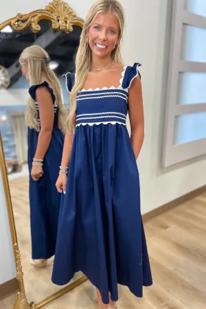 Annabel Ric Rac Trimmed Midi Dress Navy