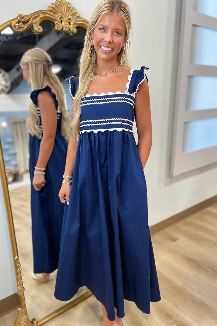 Annabel Ric Rac Trimmed Midi Dress Navy