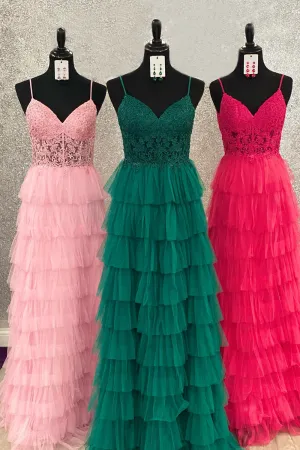 Aubree |Dark Green A-Line Tiered Tulle Long Prom Dress with Lace