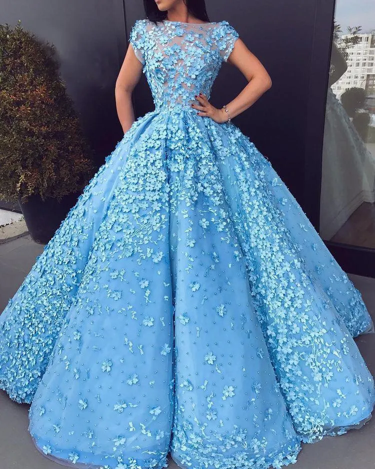 Ball Gown Blue Prom Dresses Floral Lace Bateau Long Cap Sleeve Quinceanera Dresses P1043