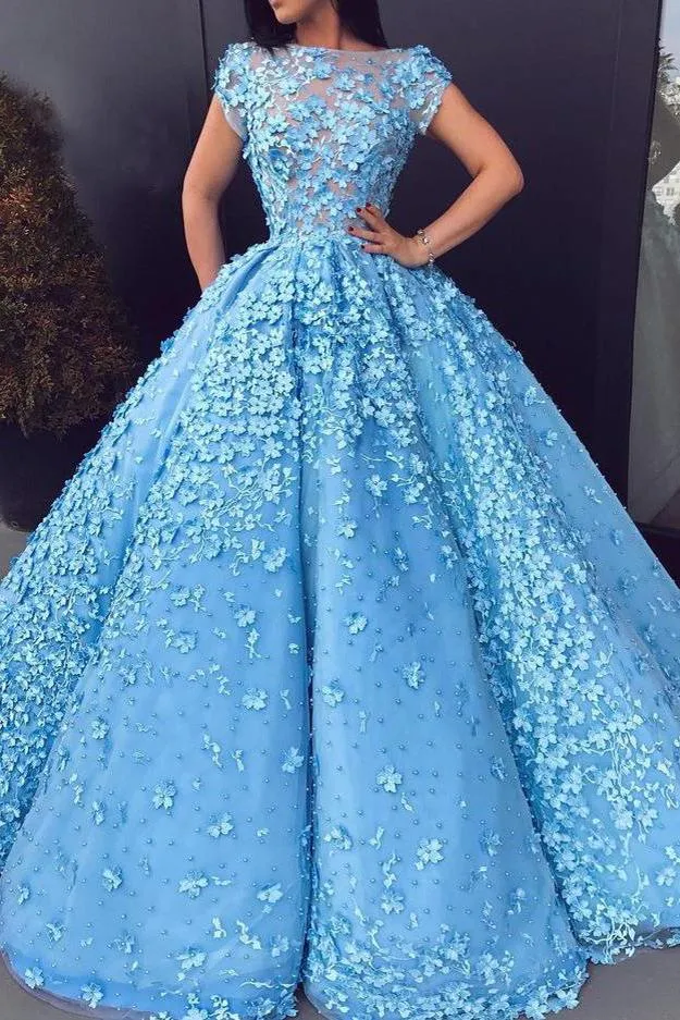 Ball Gown Blue Prom Dresses Floral Lace Bateau Long Cap Sleeve Quinceanera Dresses P1043