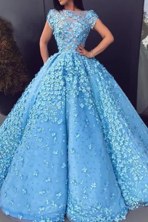 Ball Gown Blue Prom Dresses Floral Lace Bateau Long Cap Sleeve Quinceanera Dresses P1043