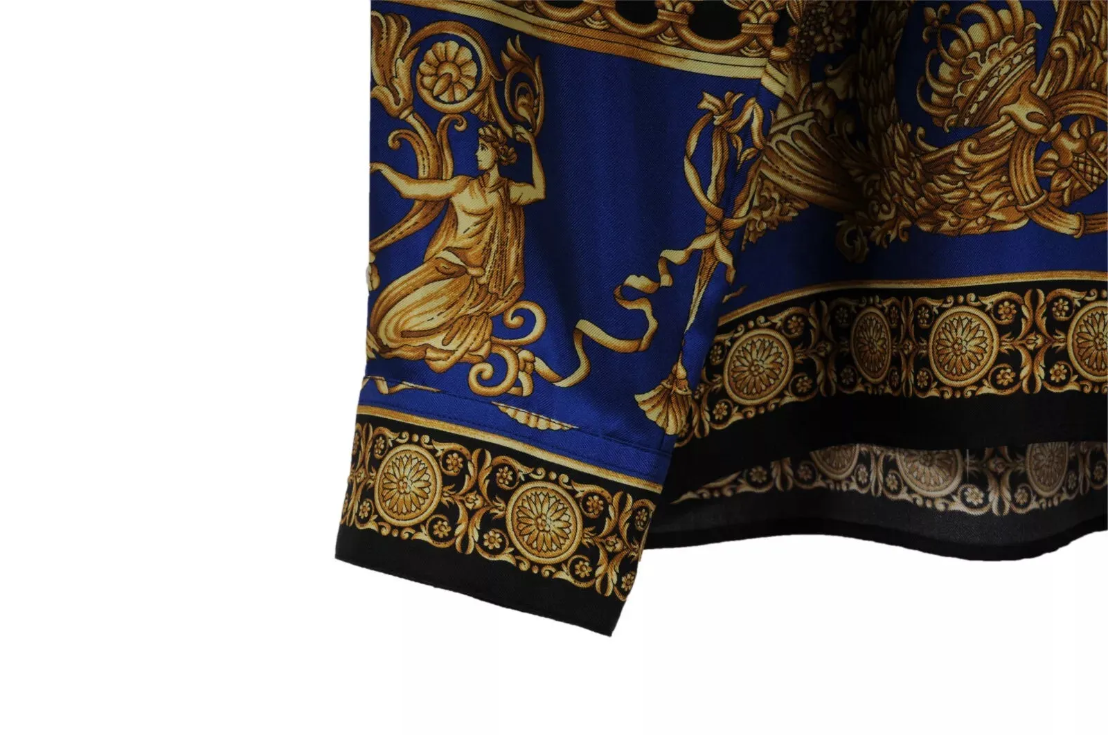 Baroque Print Button Down Shirt IT 42 Blue Gold White Silk Long Sleeve