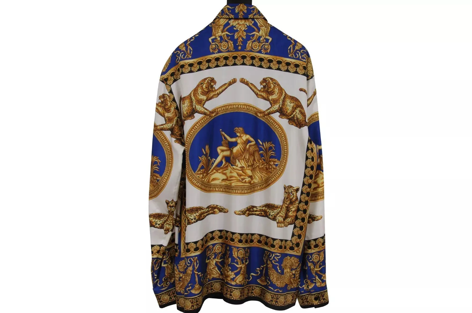 Baroque Print Button Down Shirt IT 42 Blue Gold White Silk Long Sleeve