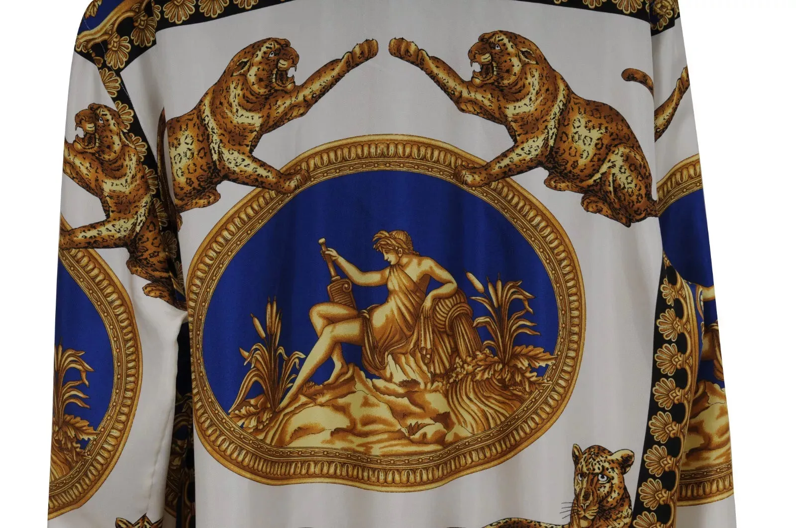 Baroque Print Button Down Shirt IT 42 Blue Gold White Silk Long Sleeve