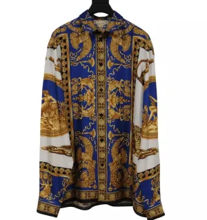 Baroque Print Button Down Shirt IT 42 Blue Gold White Silk Long Sleeve