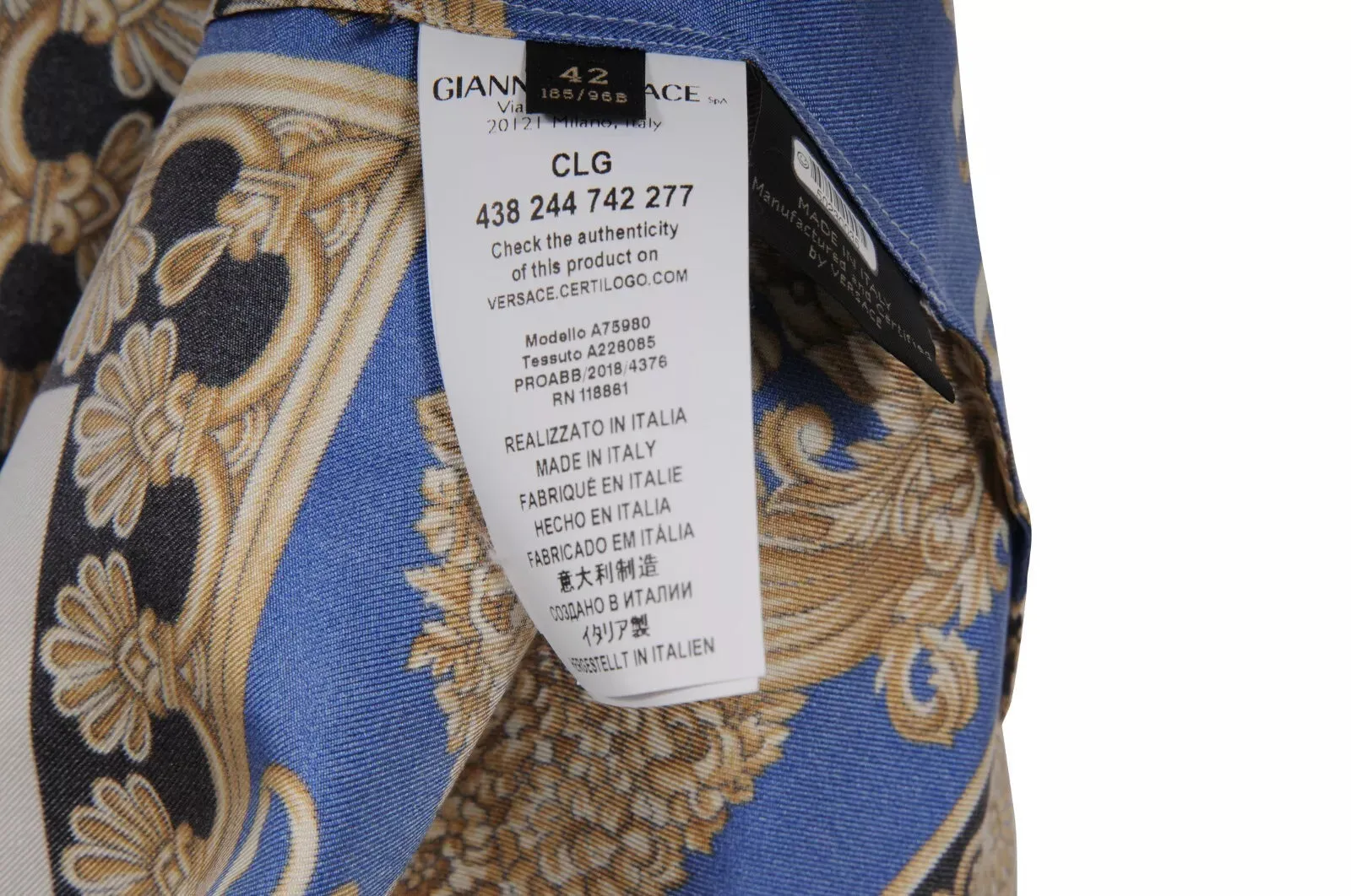 Baroque Print Button Down Shirt IT 42 Blue Gold White Silk Long Sleeve