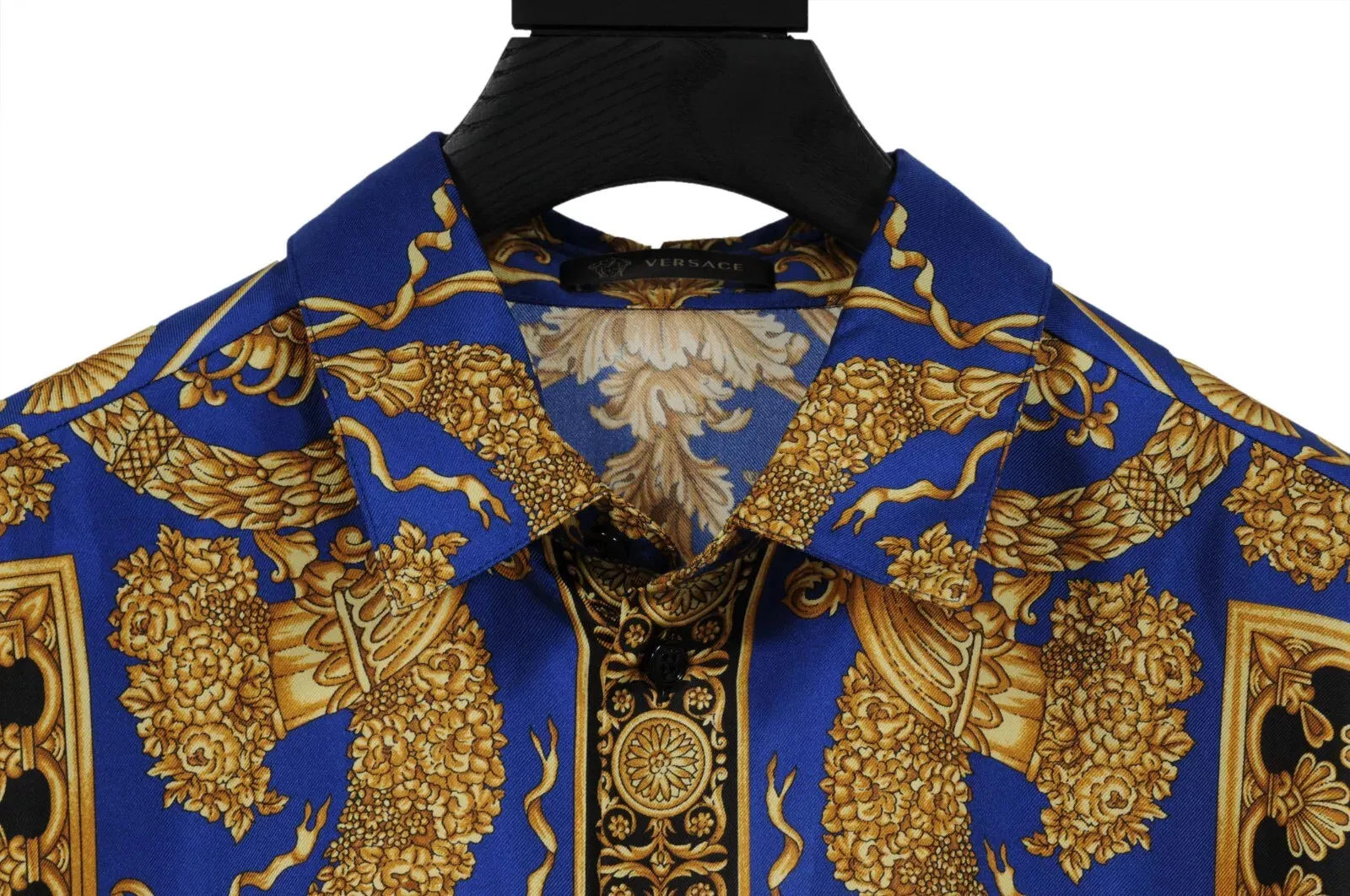 Baroque Print Button Down Shirt IT 42 Blue Gold White Silk Long Sleeve
