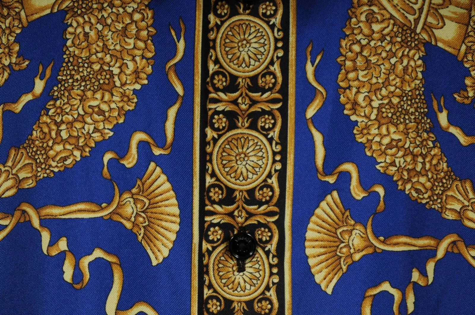 Baroque Print Button Down Shirt IT 42 Blue Gold White Silk Long Sleeve