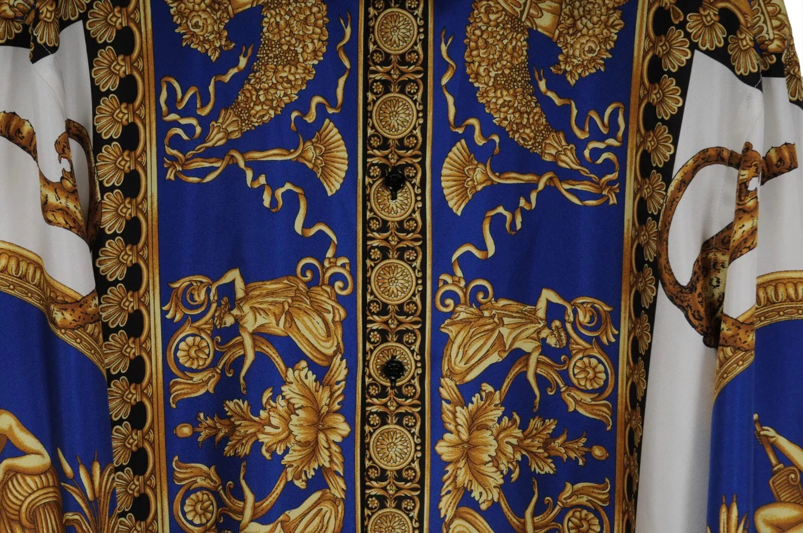 Baroque Print Button Down Shirt IT 42 Blue Gold White Silk Long Sleeve