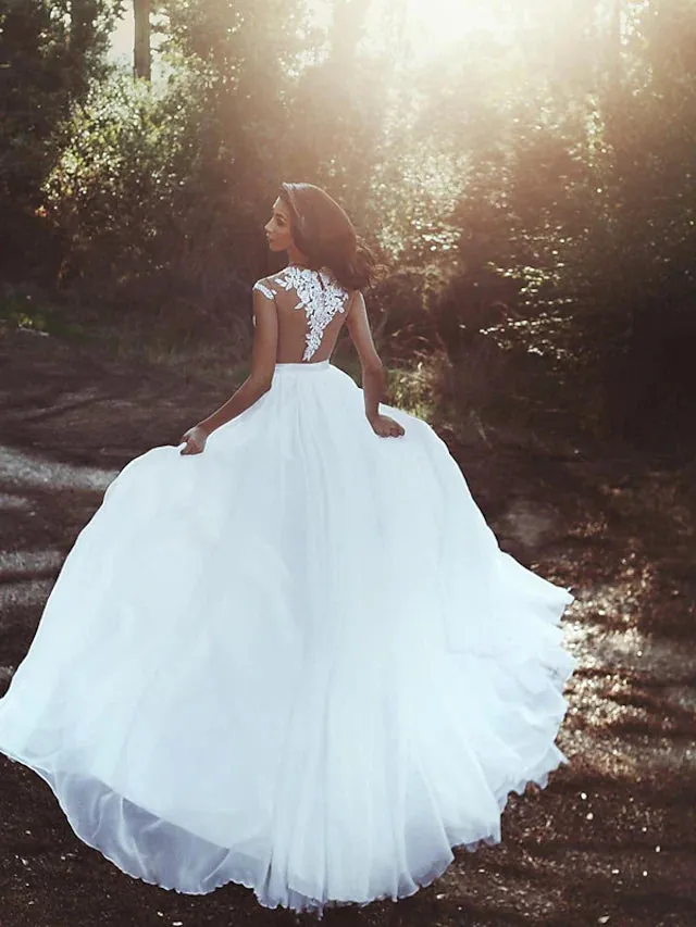Beach Open Back Wedding Dresses Court Train A-Line Cap Sleeve Jewel Neck Chiffon With Pleats Split Front