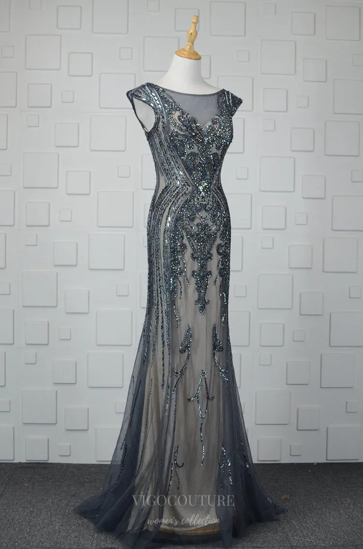 Beaded Mermaid Prom Dresses Cap Sleeve Evening Dresses 20761