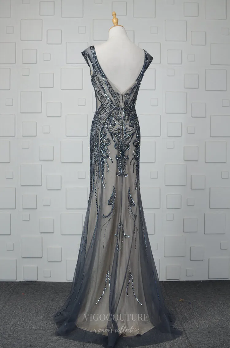 Beaded Mermaid Prom Dresses Cap Sleeve Evening Dresses 20761