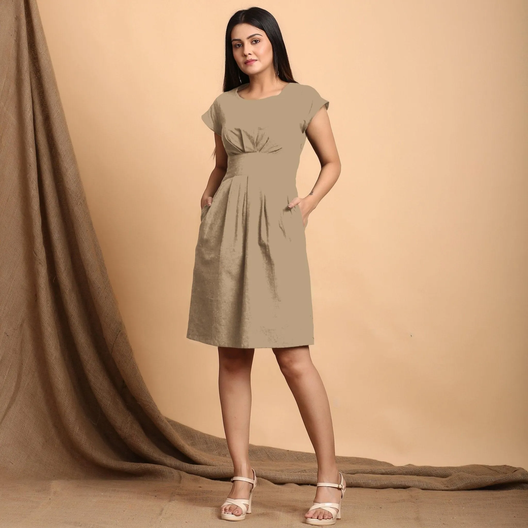 Beige Cotton Flax Pleated Cap Sleeves Short Dress