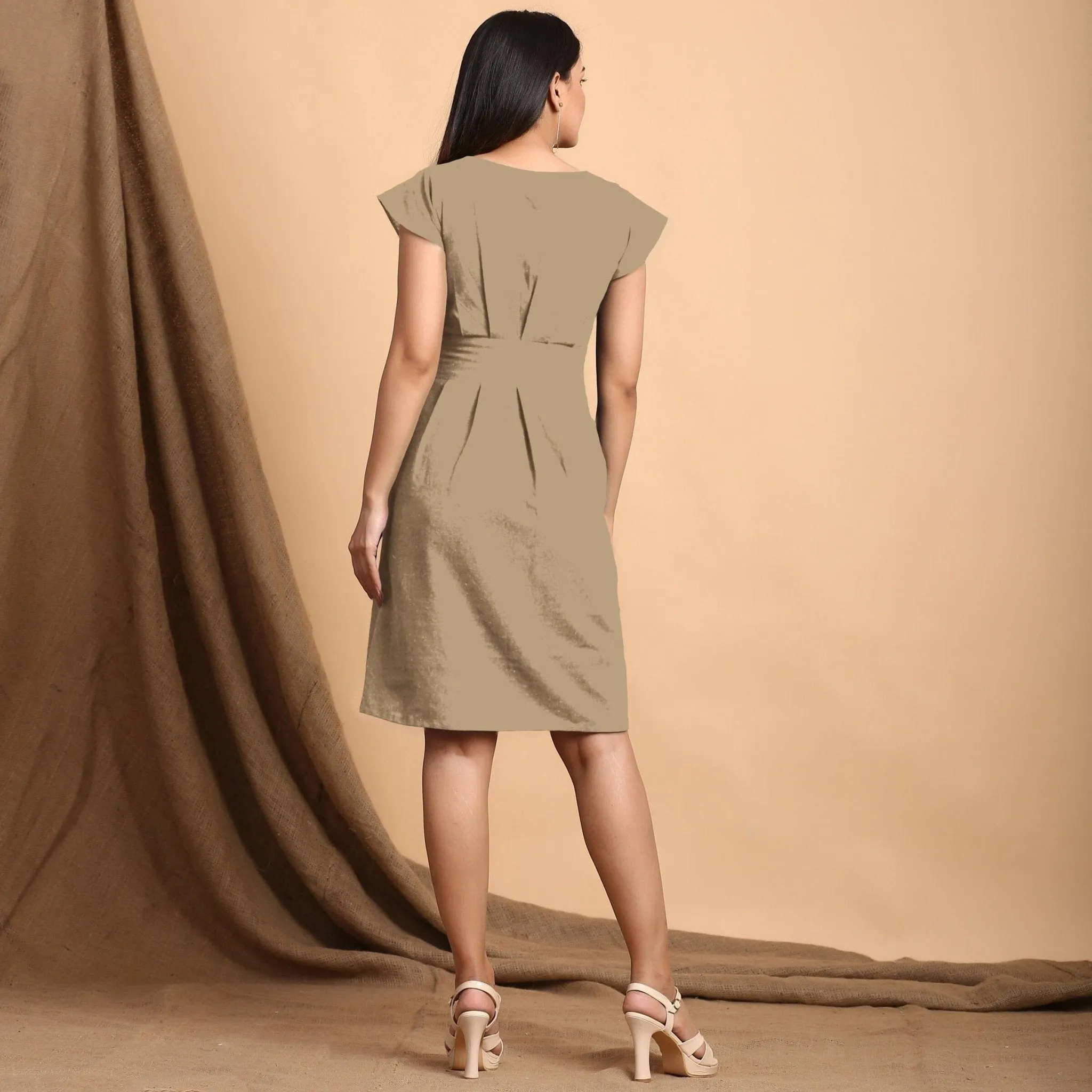Beige Cotton Flax Pleated Cap Sleeves Short Dress