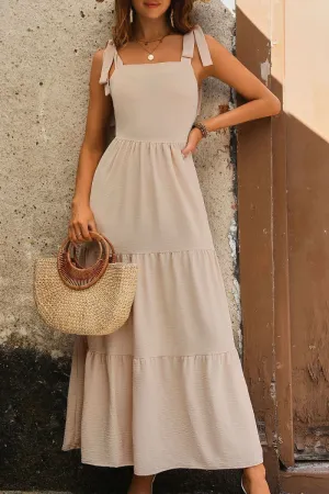 Beige Maxi Dress with Tie Shoulder and Tiered Style